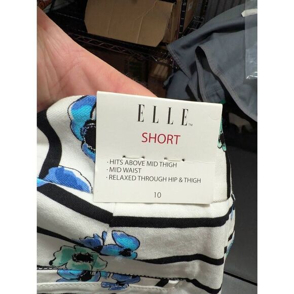 NWT ELLE White Black Blue Floral Striped Mid Waist Cotton Shorts 4" Inseam Women - Picture 5 of 7